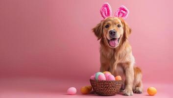 ai gerado fofa dourado retriever com Páscoa ovos em uma Rosa fundo foto