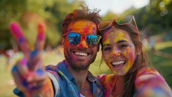 ai gerado retrato do feliz casal tendo Diversão durante holi cor festival ao ar livre foto