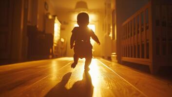 ai gerado bebê menina levando dela primeiro passos dentro a vivo quarto às lar. criança pequena Aprendendo para andar. infantil criança desenvolvimento marco. foto