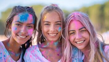 ai gerado três jovem mulheres coberto dentro colorida pó a comemorar holi festival. foto