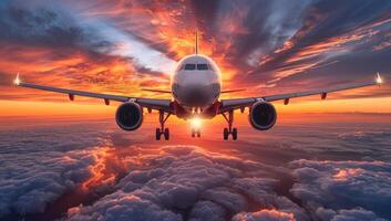 ai gerado avião subindo acima nuvens às dramático pôr do sol, majestoso aéreo Visão do aeronave vôo dentro vibrante céu. conceito do viagem, aventura, e exploração foto