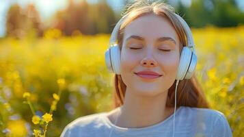 ai gerado mulher ouvindo para música dentro uma campo do flores foto