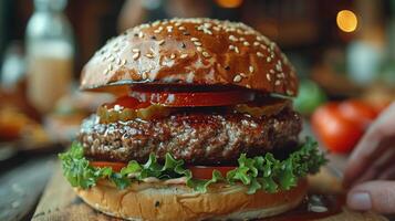 ai gerado clássico Hamburger com alface, tomate, e queijo foto