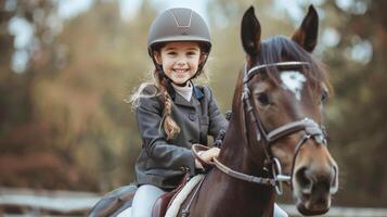 ai gerado jovem menina equitação cavalo com capacete foto