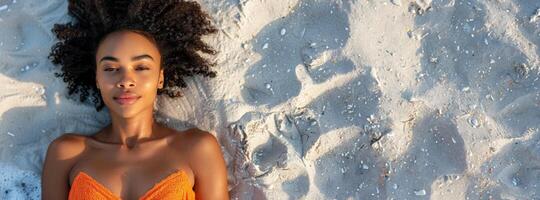 ai gerado mulher dentro laranja tomando banho terno relaxante em de praia foto