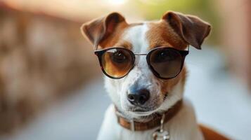 ai gerado Castanho cachorro vestindo oculos de sol dentro campo foto