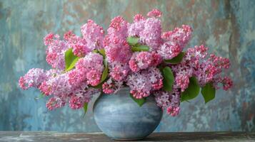 ai gerado roxa flores dentro vaso em mesa foto