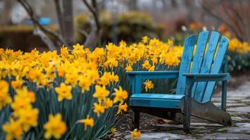 ai gerado azul cadeira dentro amarelo flor campo foto