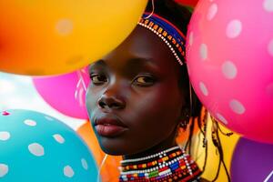 ai gerado flutuante africano mulher balões. gerar ai foto