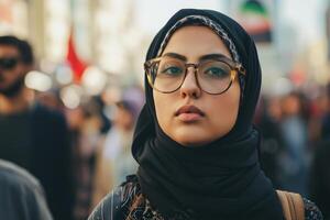 ai gerado implacável árabe mulher protestando. gerar ai foto