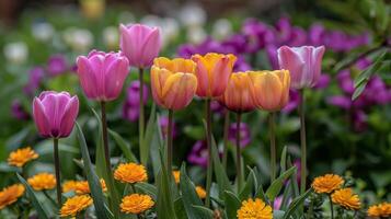 ai gerado colorida flores espalhados através Relva foto