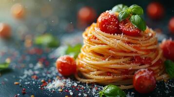 ai gerado prato do espaguete com tomates e manjericão foto