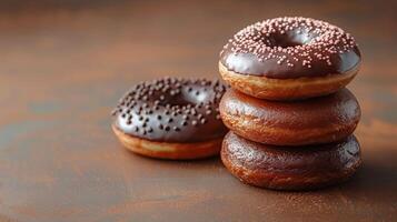 ai gerado três chocolate rosquinhas empilhado foto