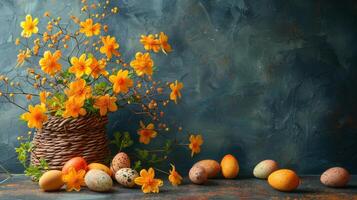 ai gerado cesta com amarelo flores e ovos foto
