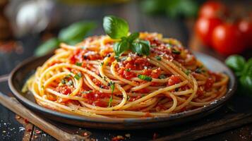 ai gerado prato do espaguete com tomate molho e manjericão foto