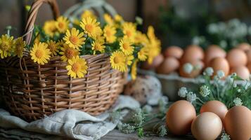 ai gerado cesta com amarelo flores e ovos foto