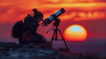 ai gerado pessoa observando Sol com telescópio foto