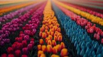 ai gerado colorida linhas do tulipas dentro uma campo foto