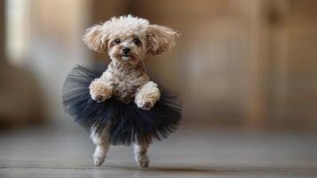 ai gerado pequeno branco cachorro vestindo Preto tutu foto