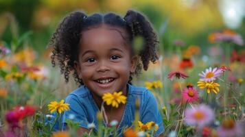 ai gerado pequeno menina em pé dentro uma campo do flores foto