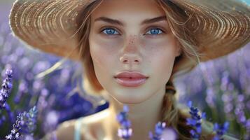 ai gerado mulher com Palha chapéu dentro lavanda campo foto