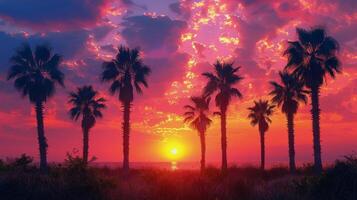 ai gerado vibrante pôr do sol com Palma árvores e oceano foto