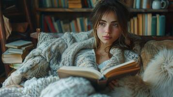 ai gerado mulher lendo livro dentro cama foto
