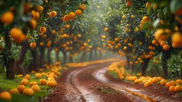 ai gerado sujeira estrada forrado com laranja árvores foto