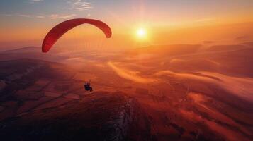 ai gerado pessoa parapente dentro pôr do sol céu foto