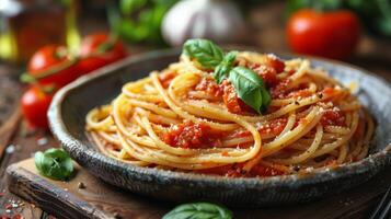 ai gerado prato do espaguete com tomate molho e manjericão foto