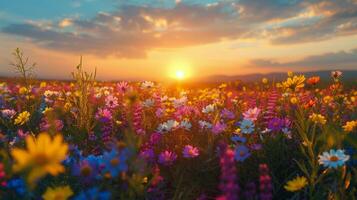 ai gerado campo do flores com configuração Sol foto