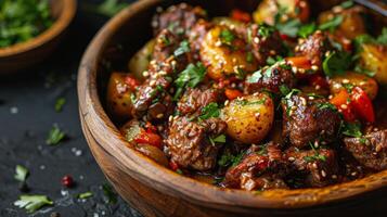 ai gerado de madeira tigela com carne e legumes foto