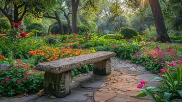 ai gerado pedra Banco dentro jardim foto