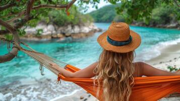 ai gerado mulher relaxante dentro maca em de praia foto