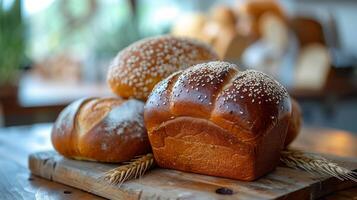 ai gerado três pães do pão em corte borda foto