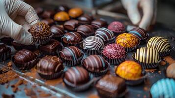 ai gerado pessoa pintura chocolates em bandeja foto