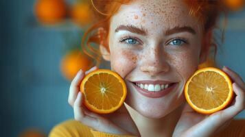 ai gerado mulher com limão fatias e amarelo Maquiagem foto