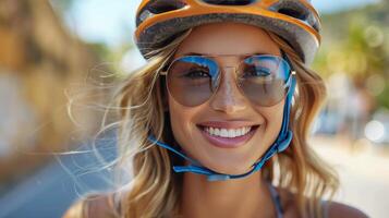 ai gerado mulher vestindo bicicleta capacete e oculos de sol foto
