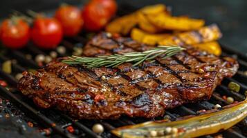 ai gerado grelhado bife cozinhando com legumes foto