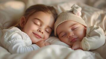 ai gerado dois jovem crianças dormindo juntos em cama foto