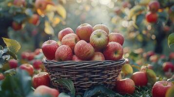 ai gerado cesta preenchidas com vermelho maçãs foto