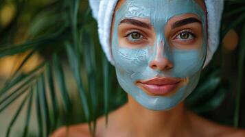 ai gerado mulher vestindo toalha e face mascarar foto