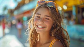 ai gerado pequeno menina sorridente dentro amarelo camisa foto