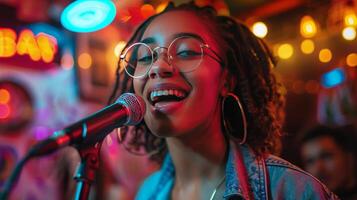 ai gerado mulher cantando para dentro microfone antes público foto