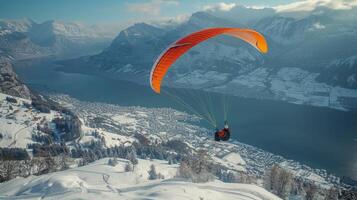 ai gerado parapente sobre montanha às pôr do sol foto