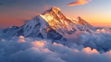 ai gerado coberto de nuvens montanha cume foto