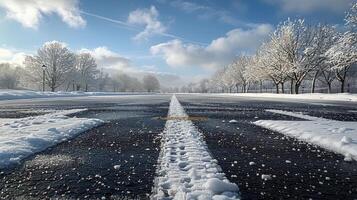 ai gerado Nevado estrada com árvores e neve foto