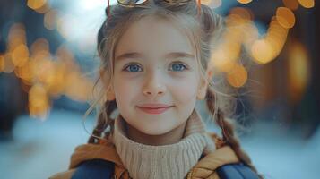 ai gerado pequeno menina com azul olhos e tranças foto