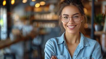 ai gerado mulher dentro óculos inclinado contra parede foto