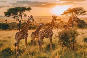 ai gerado girafa às savana em pôr do sol céu.generativo ai foto